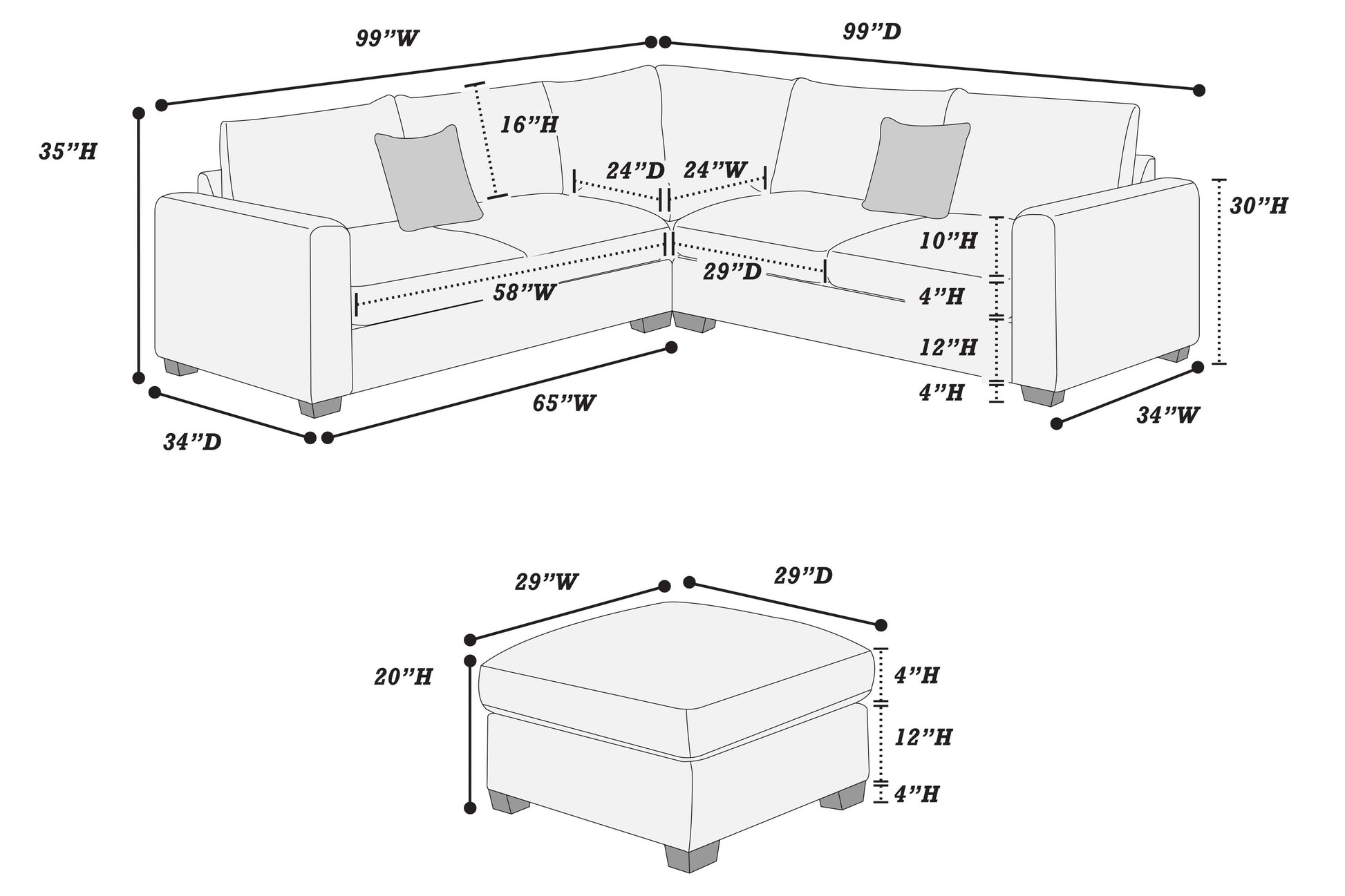 Modern Style L-Shaped 4pc Sectional Set Cocktail Ottoman Square Arms Throw Pillow Corduroy Upholstered Black Finish Primary Living Room - detail view 6