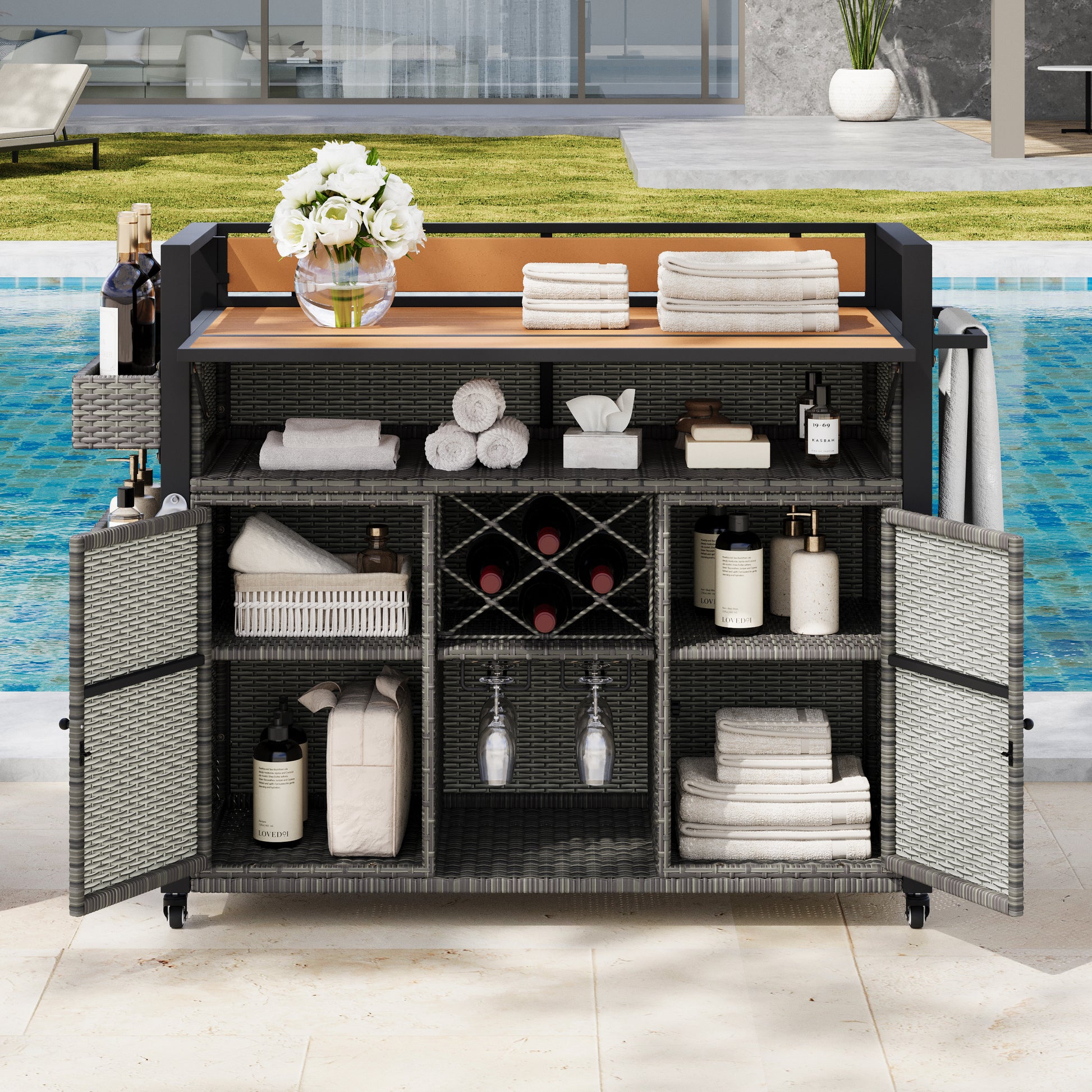 K&k 52.8'w Wicker Outdoor Grill Cart with Extended Plastic Wood Table Top - Grey - primary color shot