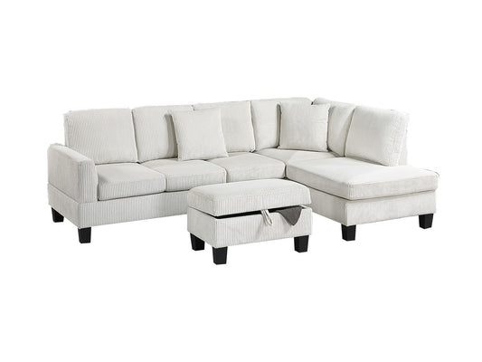 3pc Sectional Set RAF Chaise LAF Sofa Storage Ottoman Beige Color Corduroy Couch Pillows Modern Living Room - detail view 2