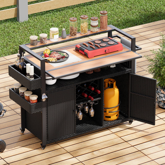 K&k 52.8'w Wicker Outdoor Grill Cart with Extended Plastic Wood Table Top - Black & Brown - detail view 2