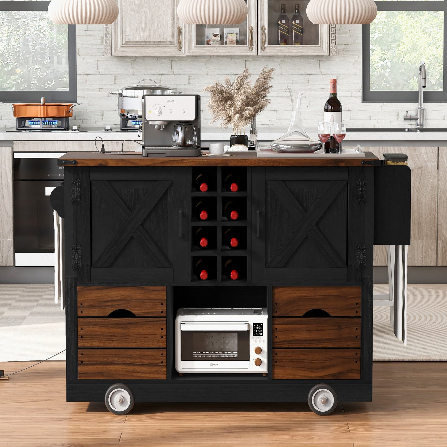 K&k 54' Farmhouse Kitchen Island with Drop Leaf - Black - detail view 4