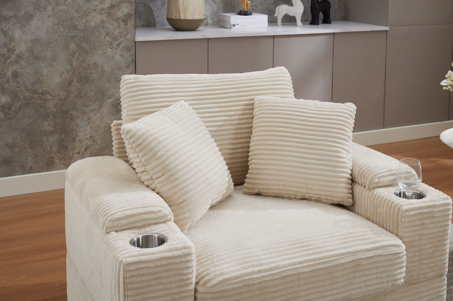 [video/new]corduroy Upholstered Chaise Lounge Sofa with Handrail Storage - Beige - detail view 6