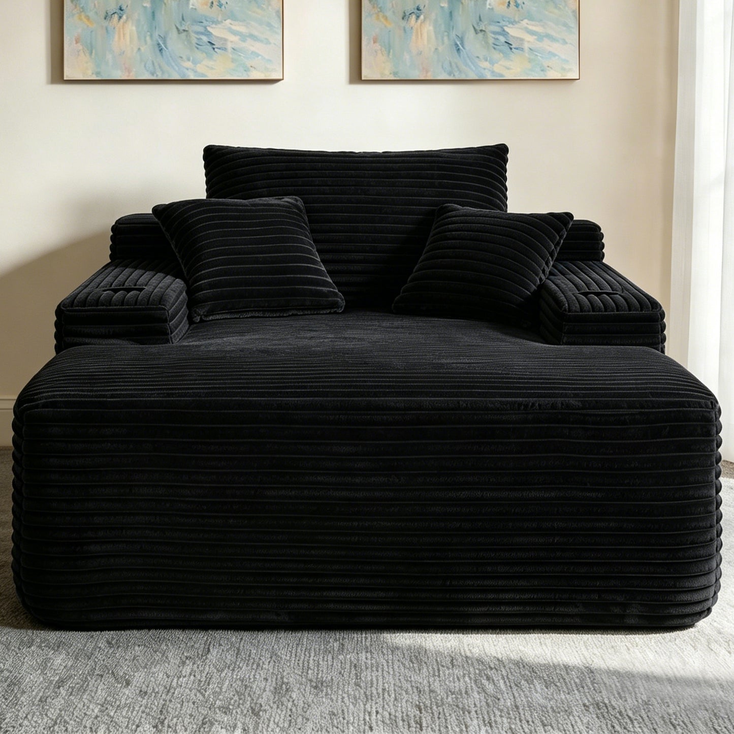 NEW Convertible Chaise Lounge Chair Plush with Wide Armrest & Throw Pillows - Black - detail view 3
