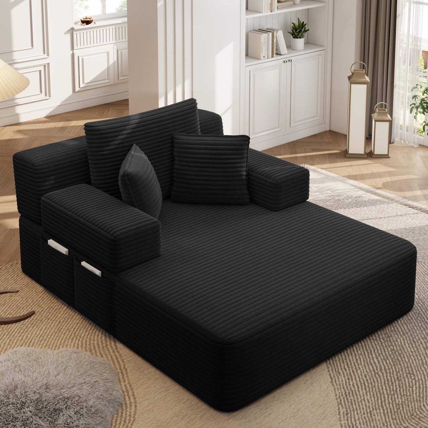 Luxurious Plush Corduroy Chaise Lounge with 3 Pillows - Black - detail view 6