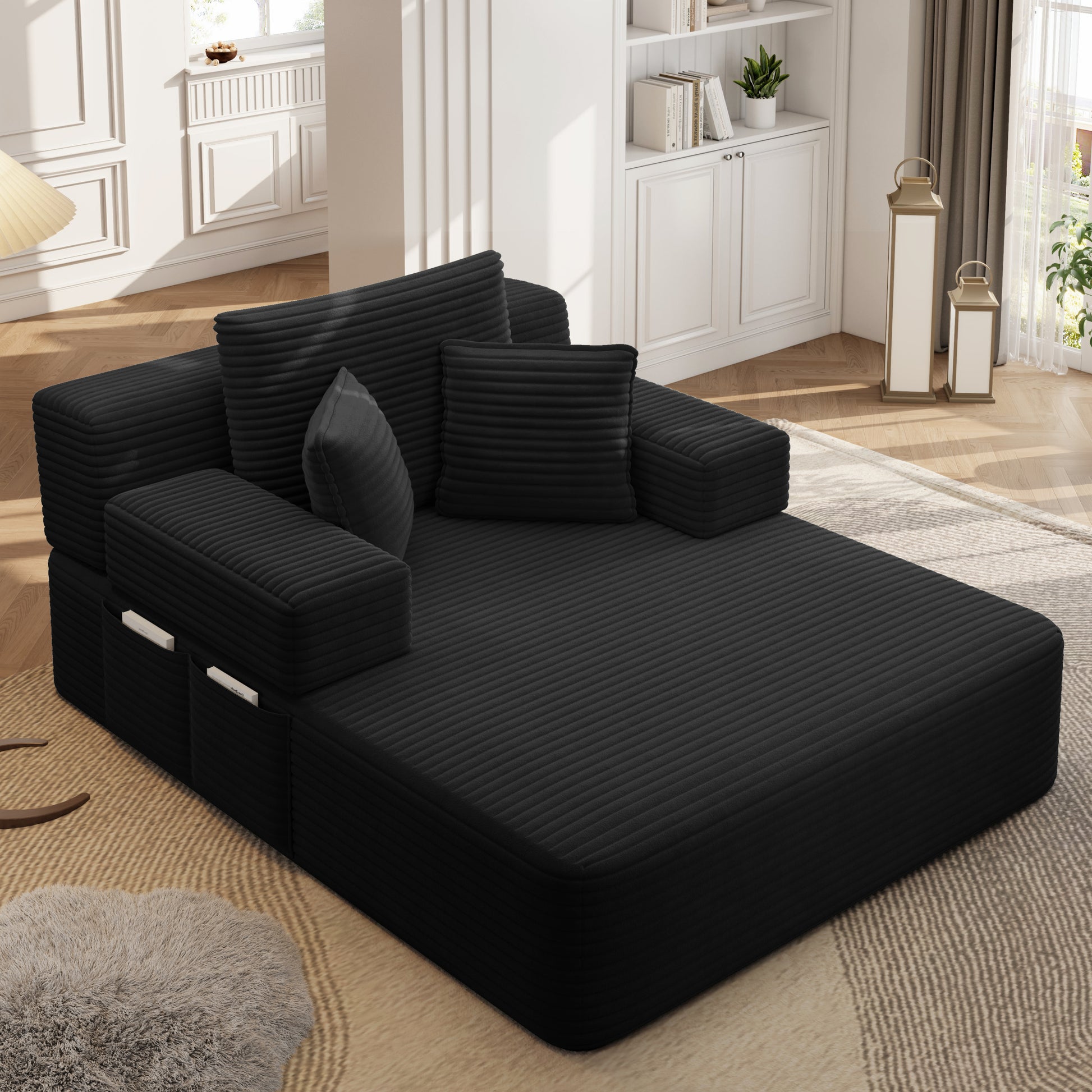 Luxurious Plush Corduroy Chaise Lounge with 3 Pillows - Black - detail view 6