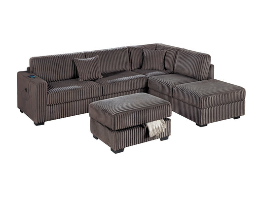Chocolate Fur-Like Corduroy Sectional Sofa Reversible Chaise Sofa w USB Storage Ottoman Upholstered Couch Pillows 3pc Set Living Room - detail view 2