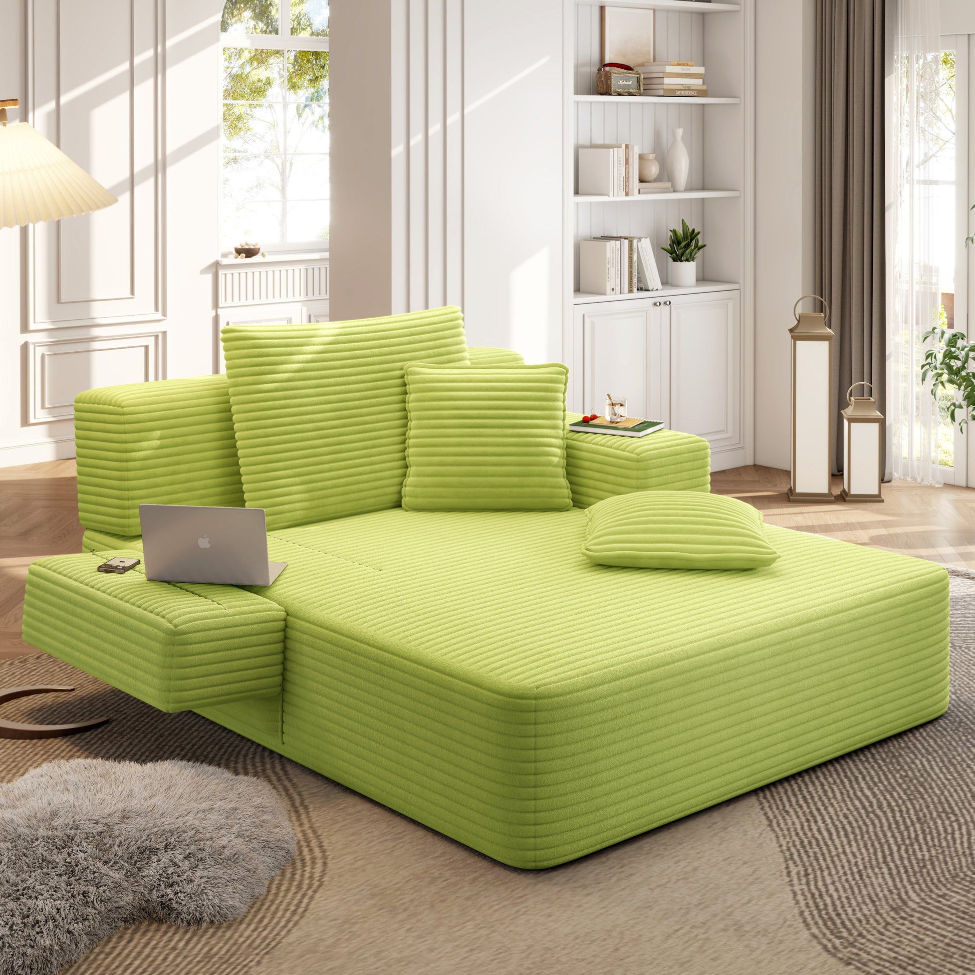Luxurious Plush Corduroy Chaise Lounge with 3 Pillows - Green - detail view 8