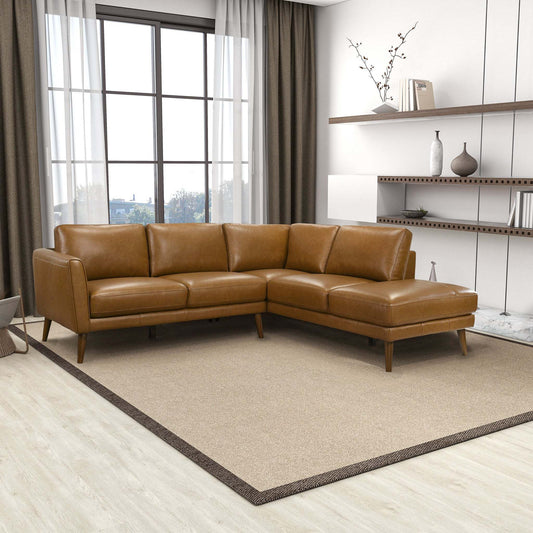 Mid-In Mod Benson Tan Leather Sectional Sofa with Right Facing Chaise - Mid-Century Modern Design - detail view 2