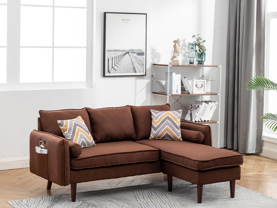 Mia 70' Brown Sectional Sofa Chaise with USB Charger & Pillows - detail view 5