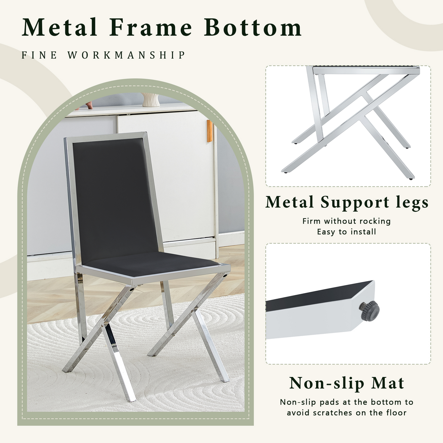 Black Upholstered Fabric Steel Frame Dining Chairs with Silver Legs (set of 2) - detail view 4
