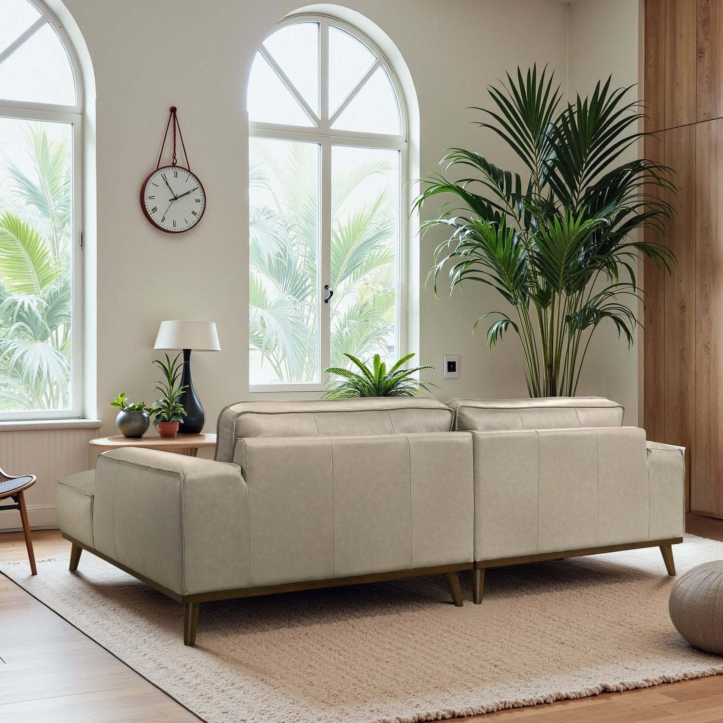 Kerrville Beige Leather Right Sectional Sofa with Chaise - Mid-Century Modern Style, Genuine Top Grain Leather, Walnut-Finished Wood Legs - detail view 4