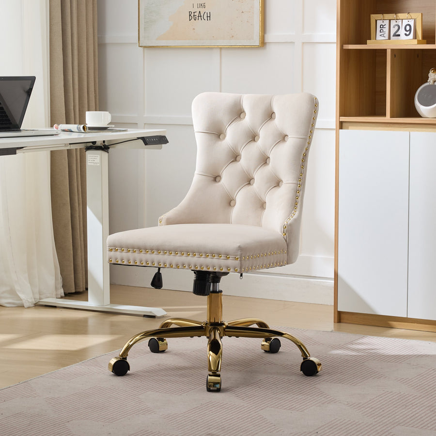 Beige Velvet Tufted Nailhead Trim Office Chair with Gold Legs