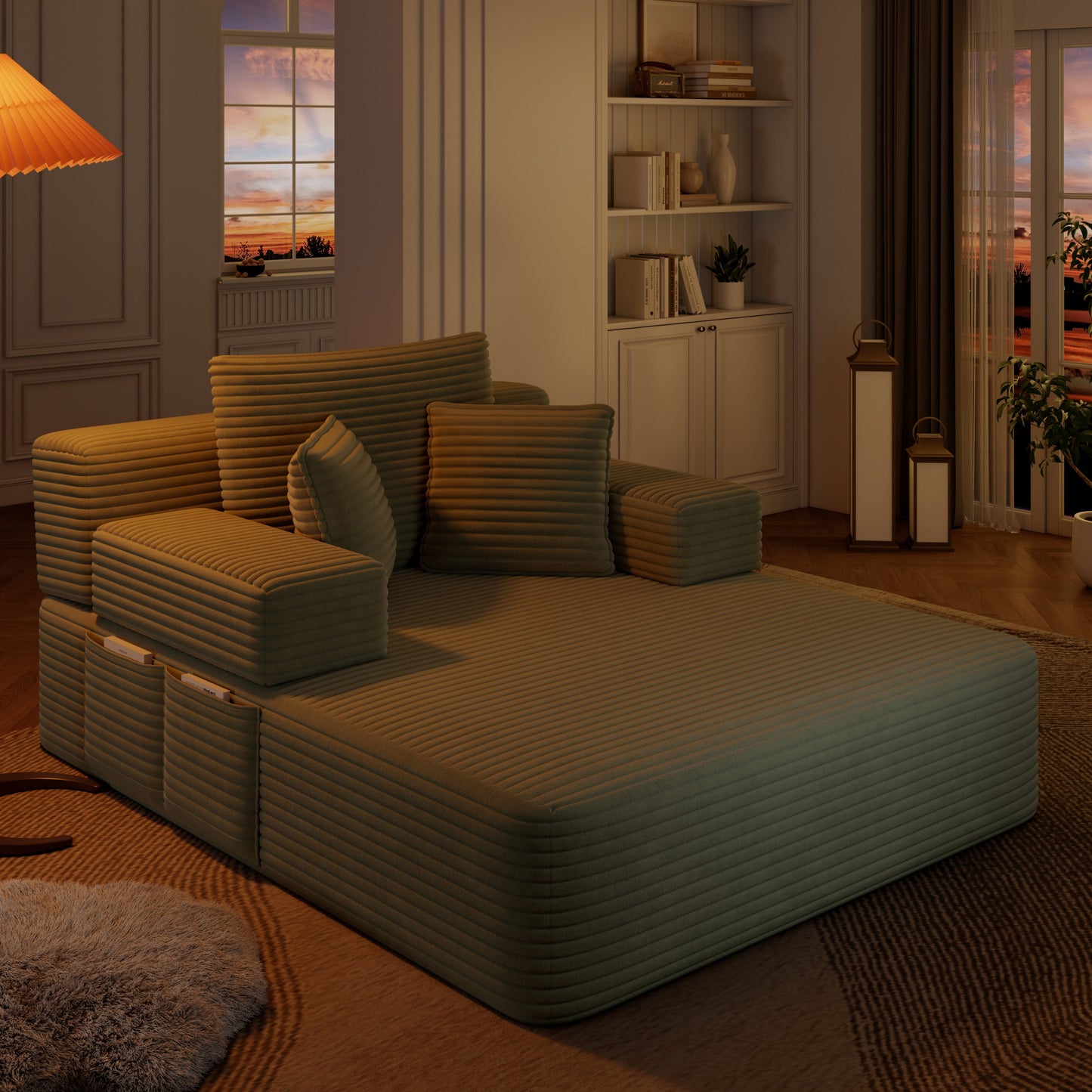 Luxurious Plush Corduroy Chaise Lounge with 3 Pillows - Green - detail view 5