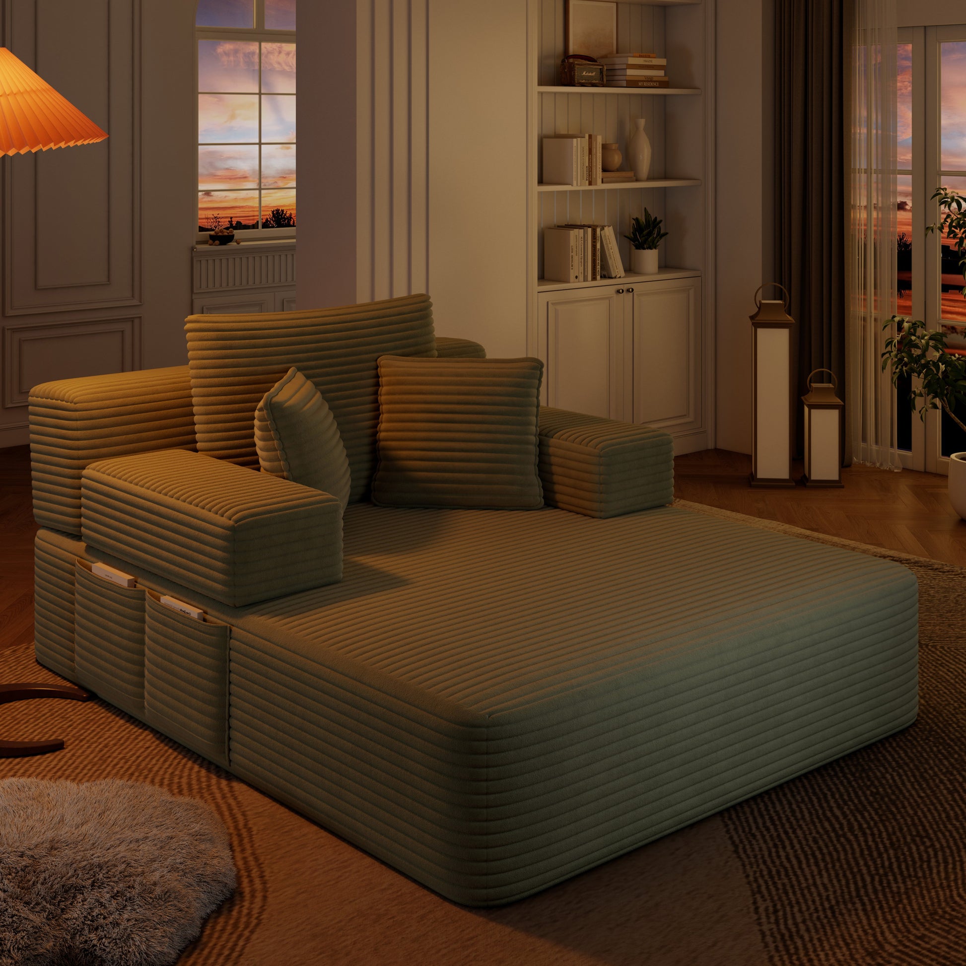 Luxurious Plush Corduroy Chaise Lounge with 3 Pillows - Green - detail view 5