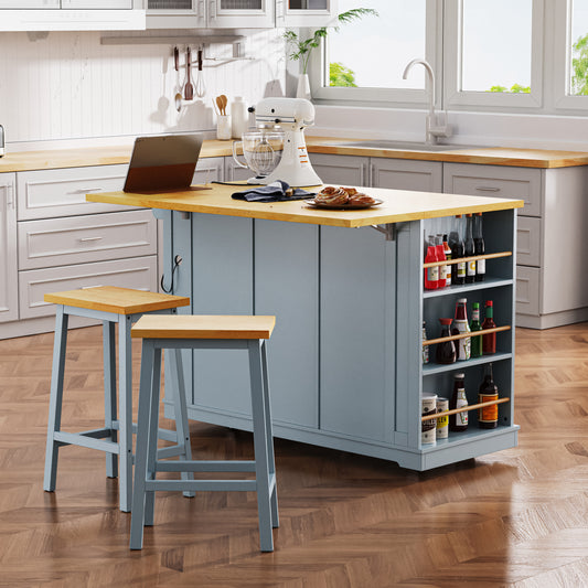 K&k 53" Large Kitchen Island with 2 Bar Stools - Grey & Blue - detail view 2