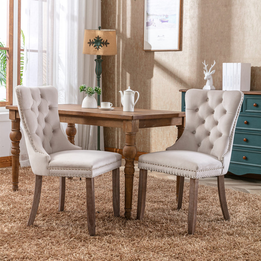 Beige Velvet Tufted Nailhead Trim Dining Chairs with Wood Legs (Set of 2)