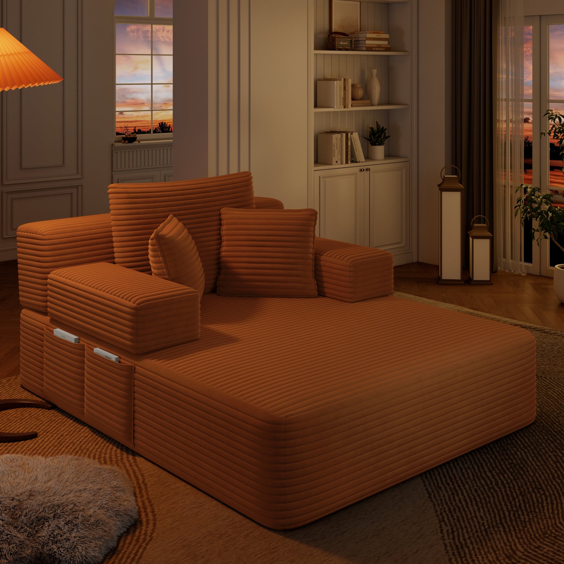 Luxurious Plush Corduroy Chaise Lounge with 3 Pillows - Orange - detail view 4