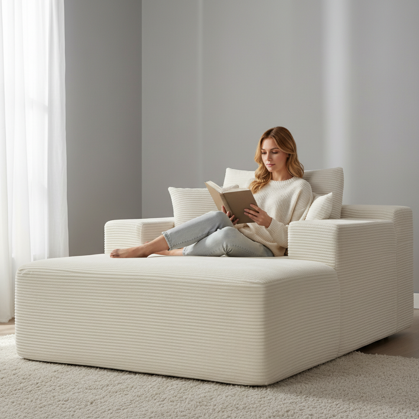 Convertible Chaise Lounge Chair Indoor – Oversized Corduroy Couch with Wide Armrest & Throw Pillows - Beige - detail view 5