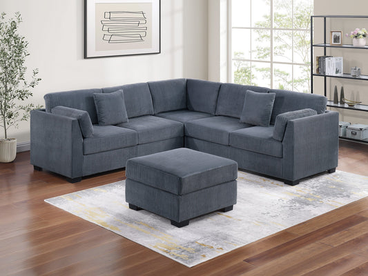 L-Sectional RAF/LAF One Arm-Loveseat Corner Wedge Cocktail Ottoman Dark Gray Corduroy Upholstered Pillows 4pc Sectional Sofa Set - primary color shot