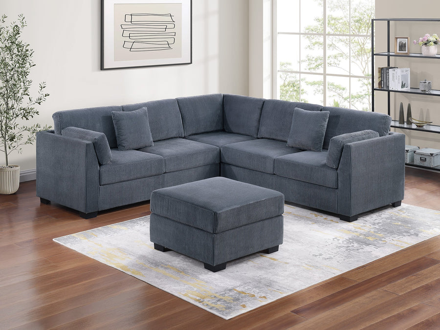 L-Sectional RAF/LAF One Arm-Loveseat Corner Wedge Cocktail Ottoman Dark Gray Corduroy Upholstered Pillows 4pc Sectional Sofa Set - primary color shot