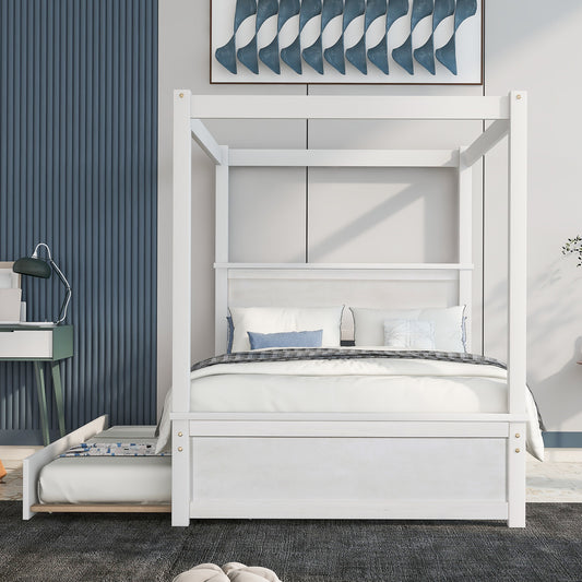 Oswald Full Size Wooden Canopy Bed with Trundle, White