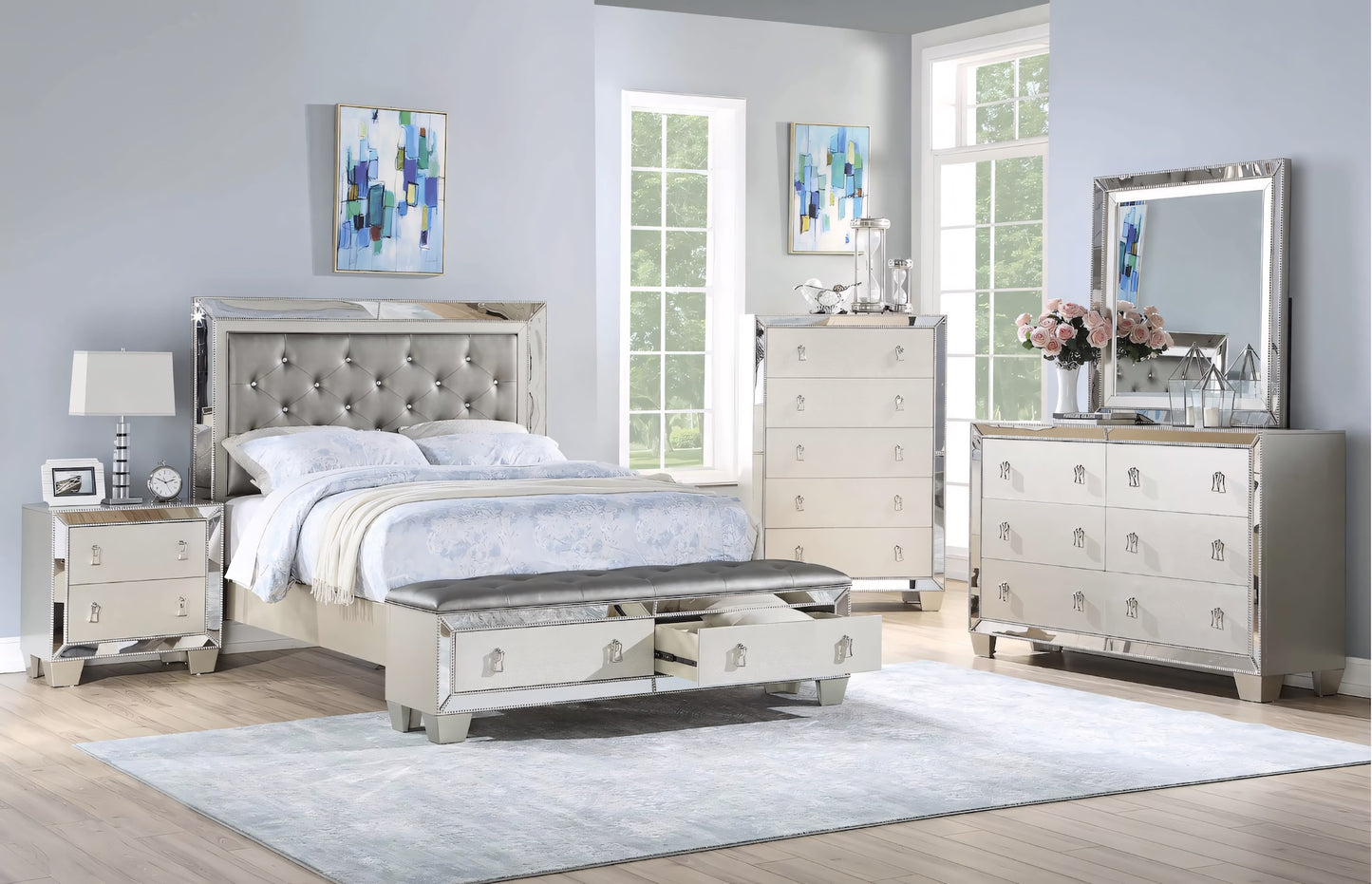 Dali Queen Storage Bedroom Set - Silver & Mirror