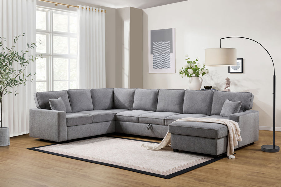 Samara 137'W Gray Chenille Sectional Sofa with Right-Facing Chaise, Underseat Storage, Throw Pillows - primary color shot