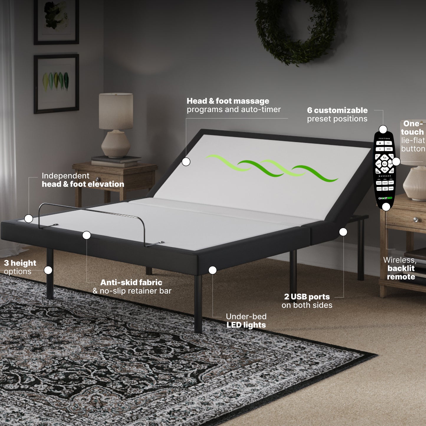 Ghostbed Adjustable Base Queen - Dark Gray Metal Frame with Massage - detail view 4