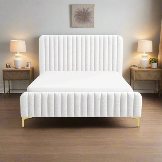Julia Modern Channel Tufted Bouclé Platform Bed – Cream
