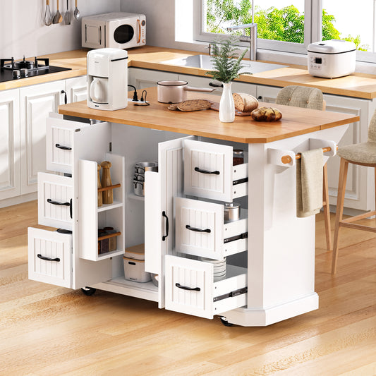 K&k 56" Kitchen Island with Rubber Wood Veneer Drop Leaf - White - primary color shot