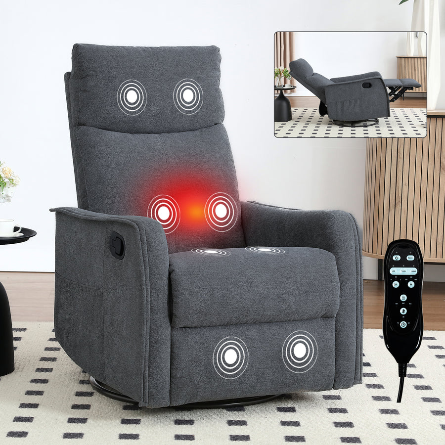 Heat Massage Manual Recliner Chair with Rocker and Swivel in Fabric - Grey - primary color shot