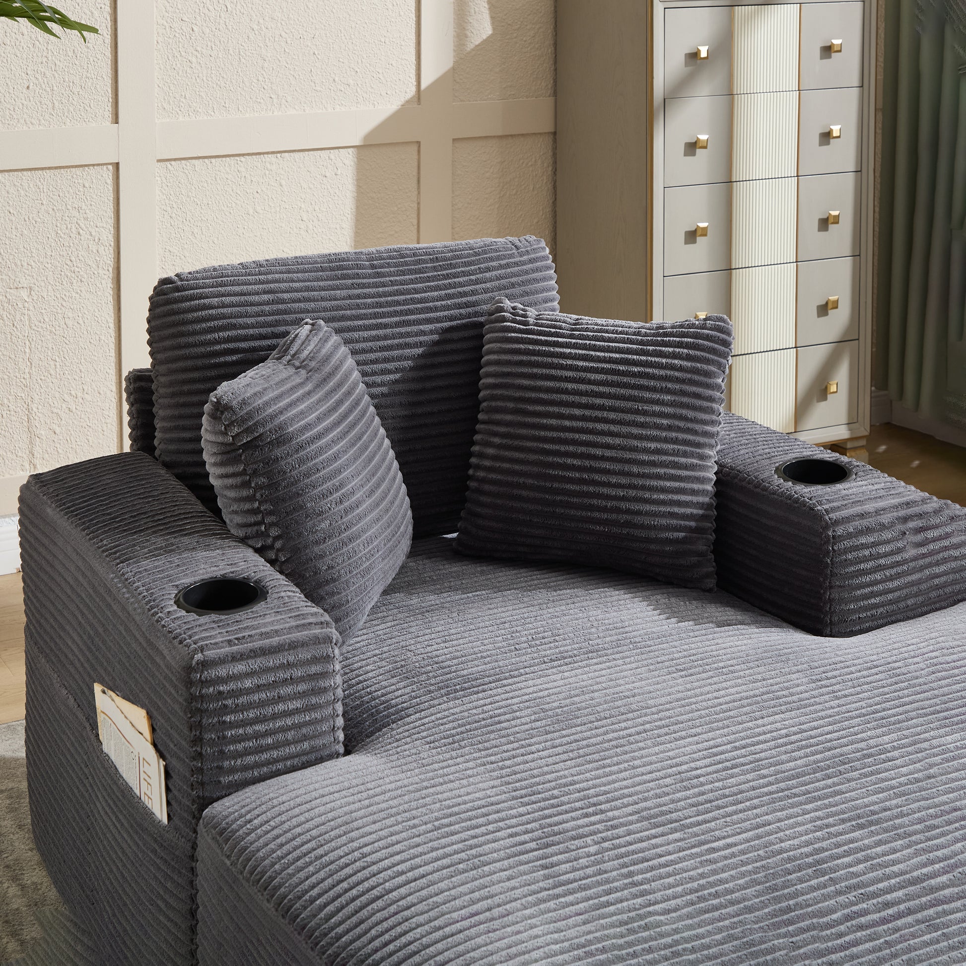 [new]corduroy Upholstered Chaise Lounge Sofa - Grey - detail view 7