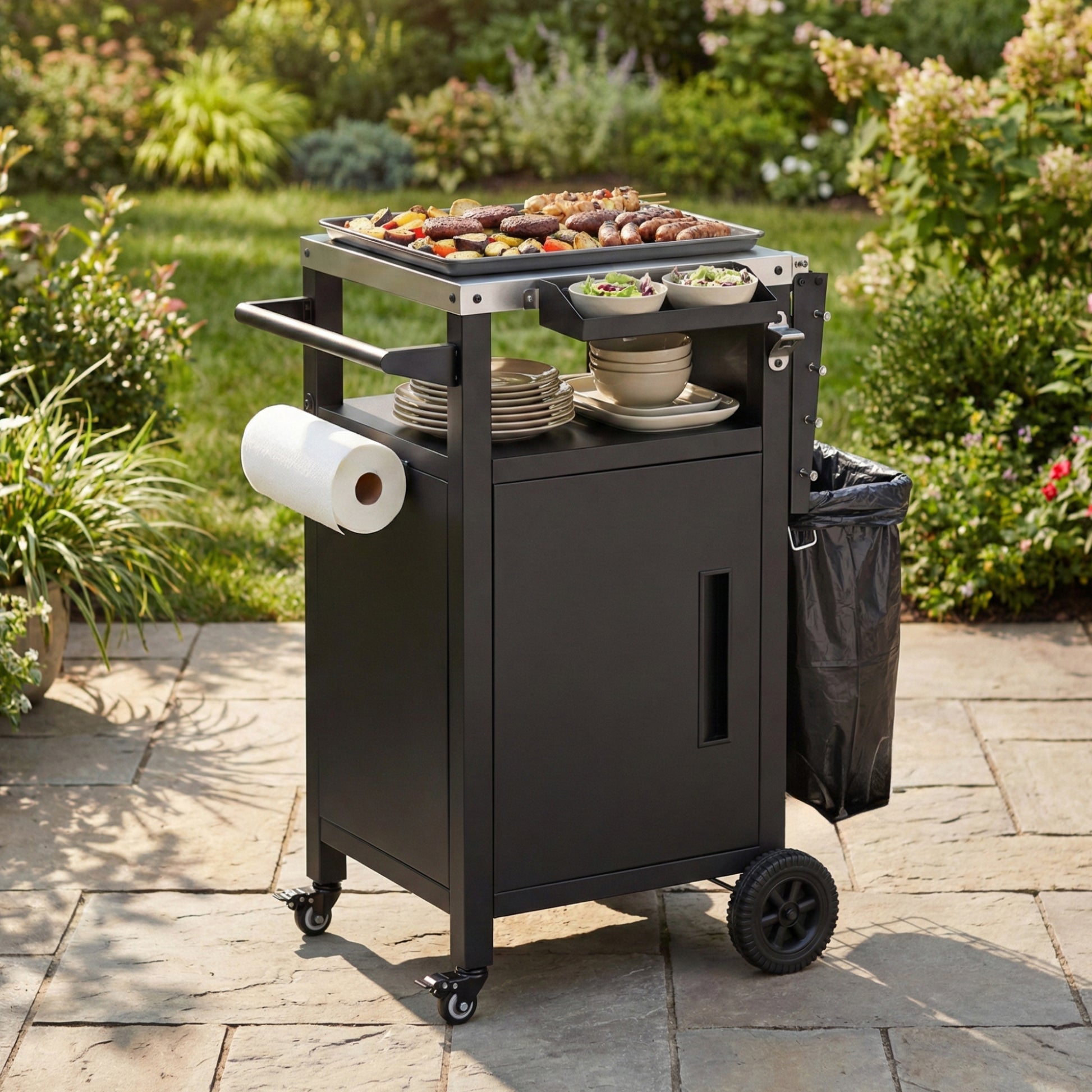 K&k 33.9' Outdoor Grill Cart with Drop Leaf - Black - detail view 2