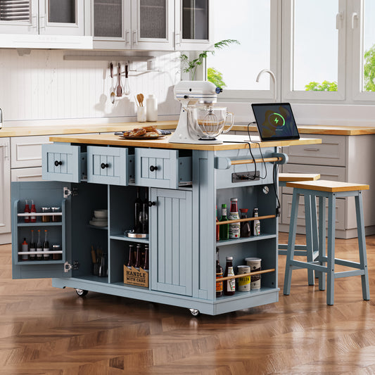 K&k 53" Large Kitchen Island with 2 Bar Stools - Grey & Blue - primary color shot