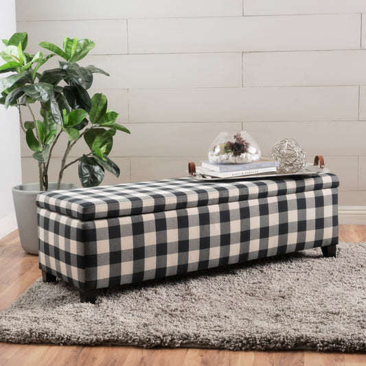 Arwen Linen Storage Ottoman with Wooden Feet, Checkered