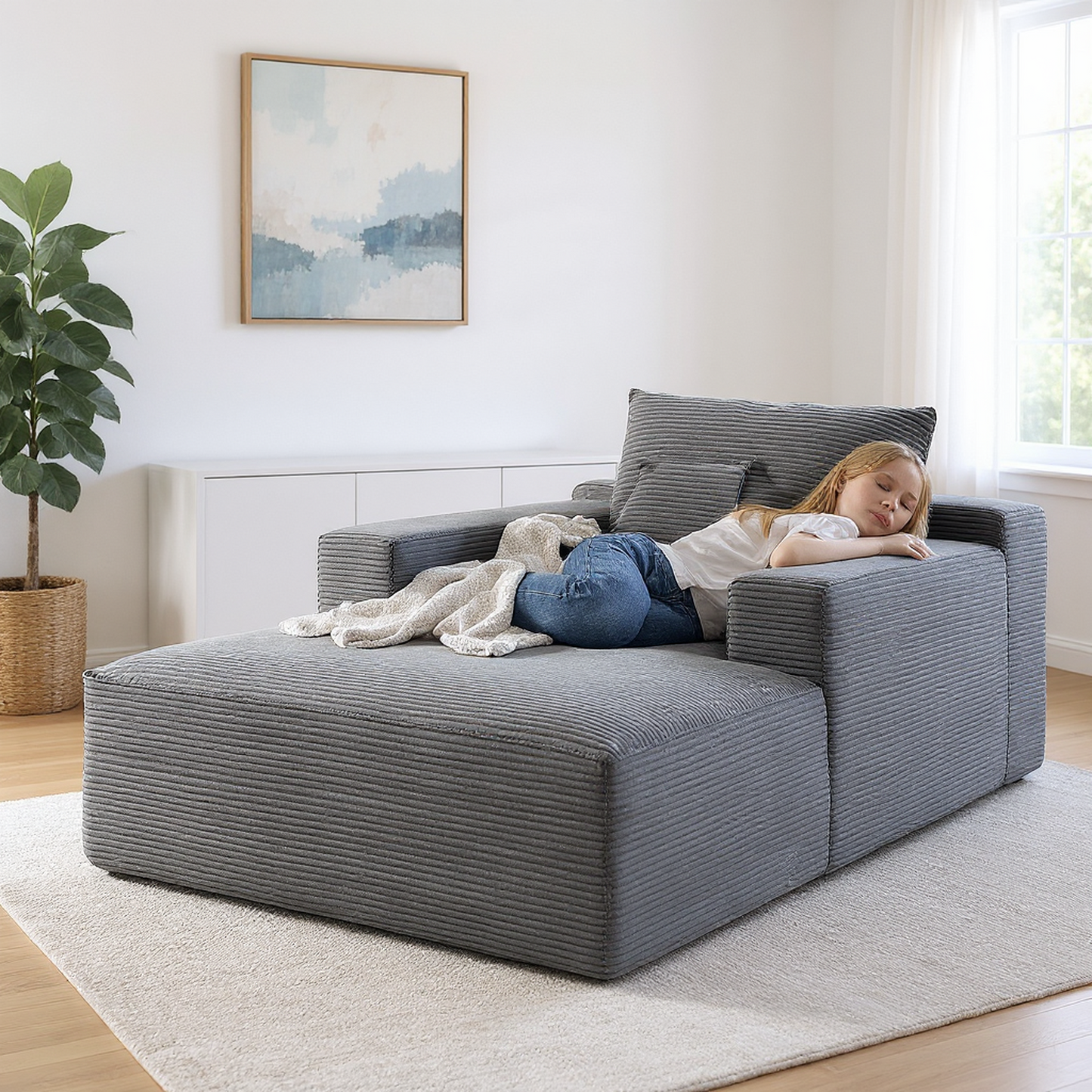 Convertible Chaise Lounge Chair Indoor – Oversized Corduroy Couch with Wide Armrest & Throw Pillows - Grey - detail view 7