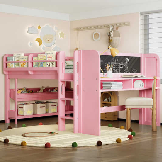 Full Loft Bed with Multi-Storage Bookcases - Pink - detail view 2