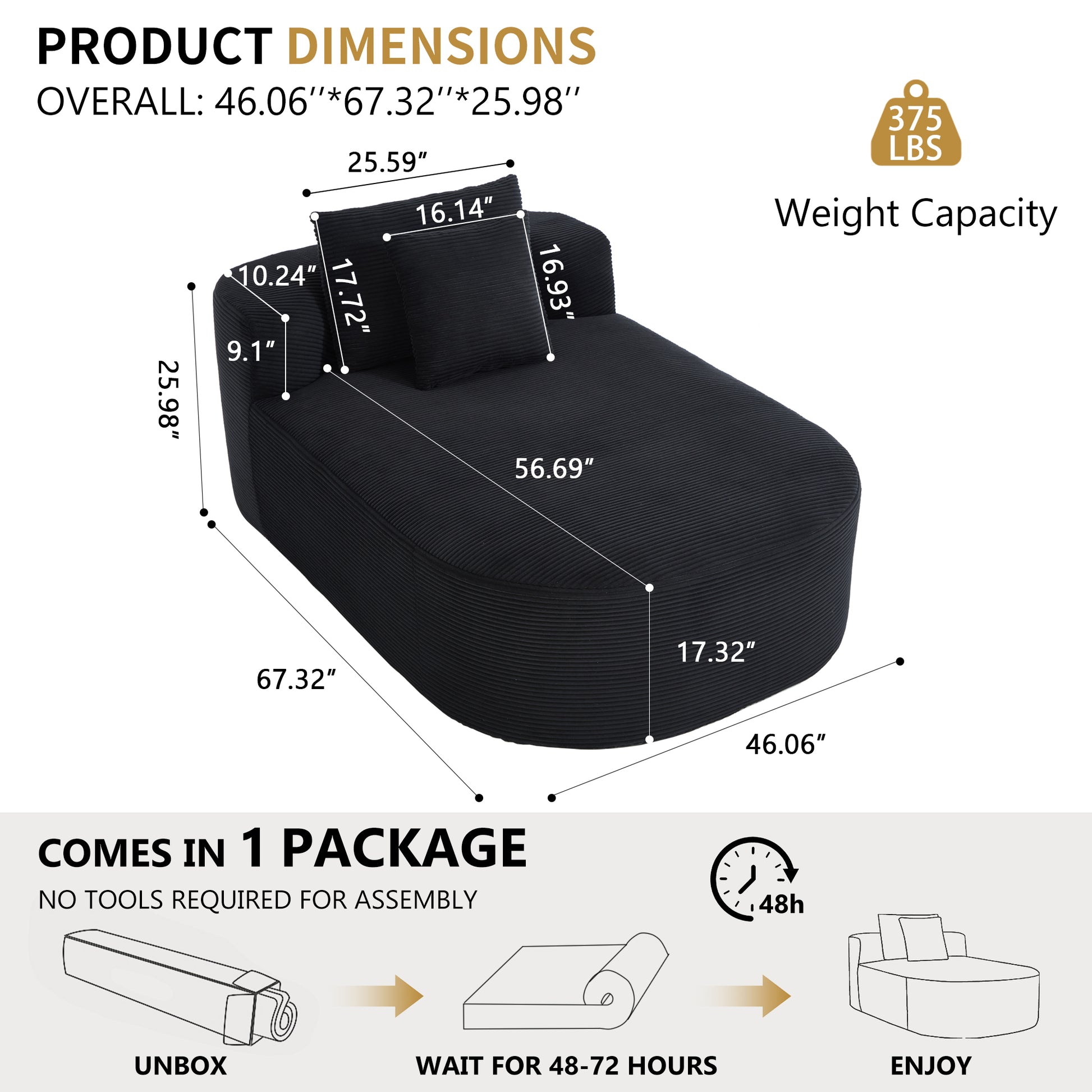 68" Chaise Lounge Chair 46'' Wide Seat Indoor Corduroy Oversized Sleeper Sofa - Black - detail view 3