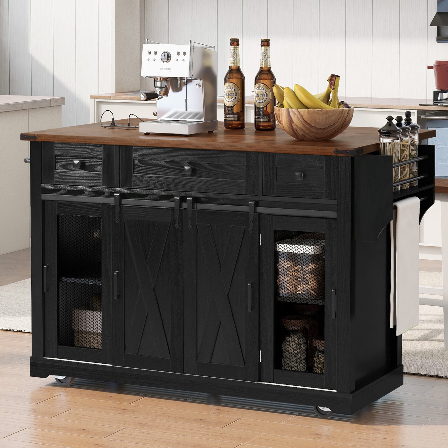 K&k 58' Farmhouse Kitchen Island with Storage - Black - primary color shot