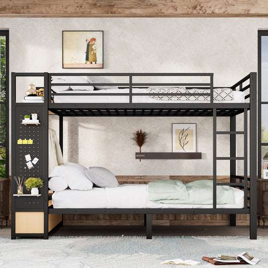 Queen over Queen Size Metal Bunk Bed for Teens with Storage Shelves - Black - detail view 2