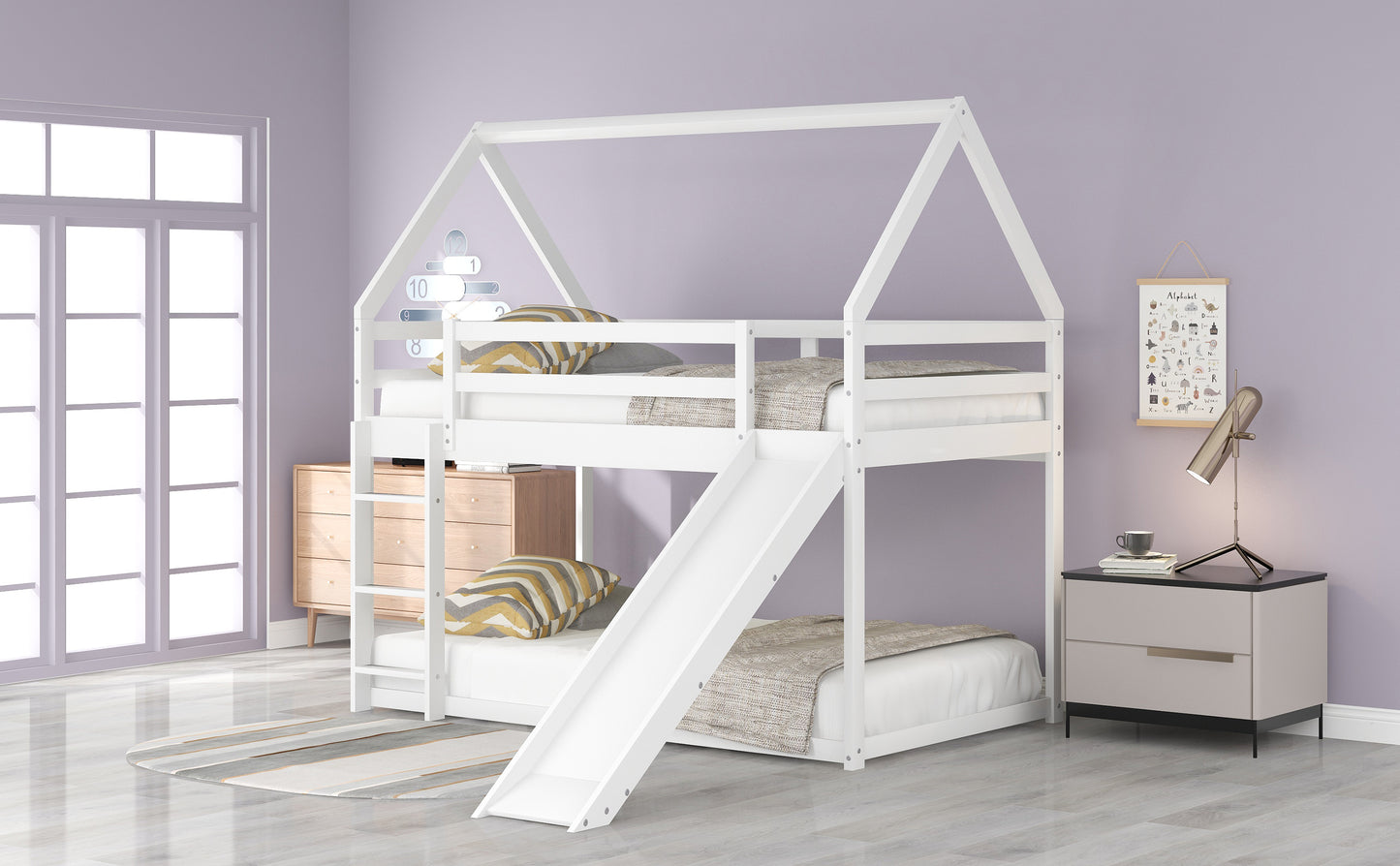 Sarah Twin Size Bunk House Bed with Slide and Ladder,White