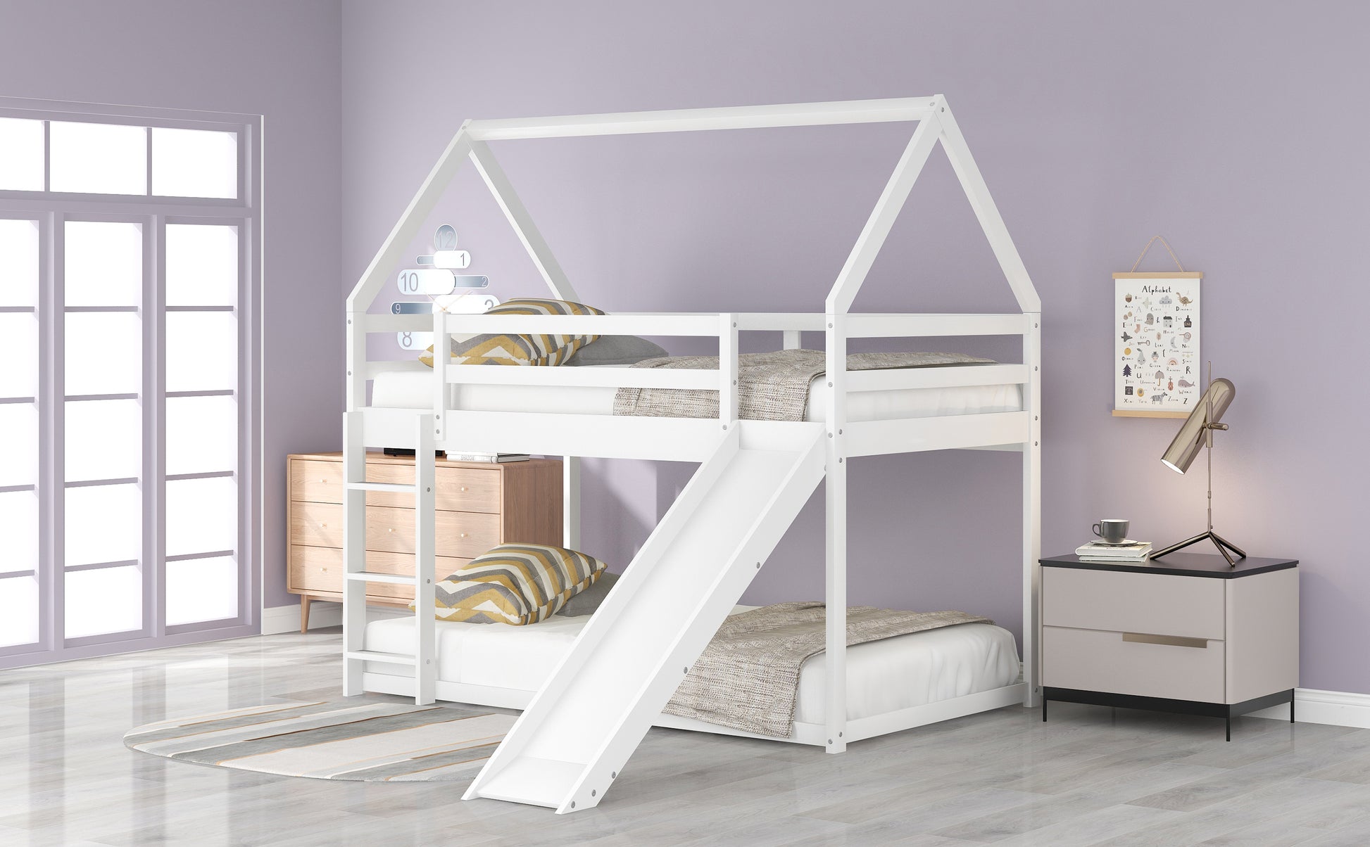 Sarah Twin Size Bunk House Bed with Slide and Ladder,White