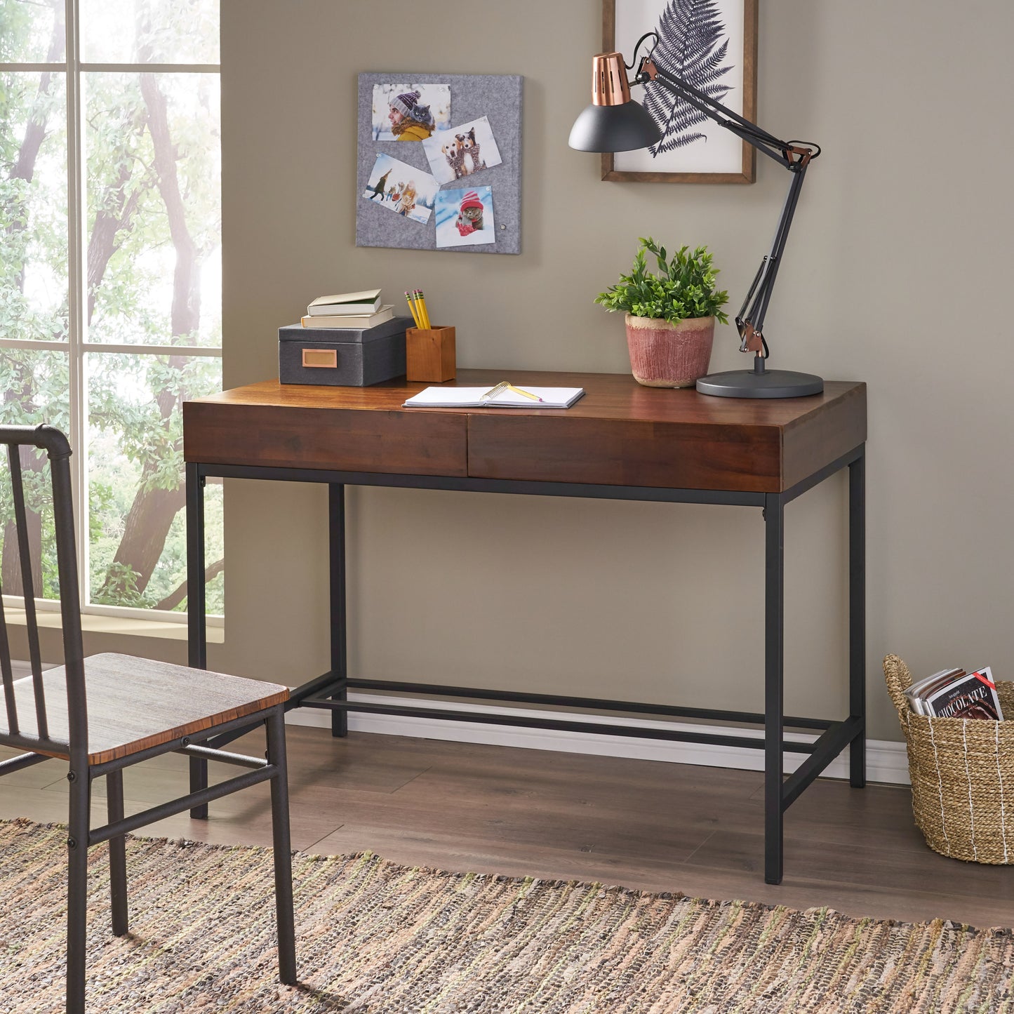 Opal Modern Industrial Writing Desk in Brown Oak