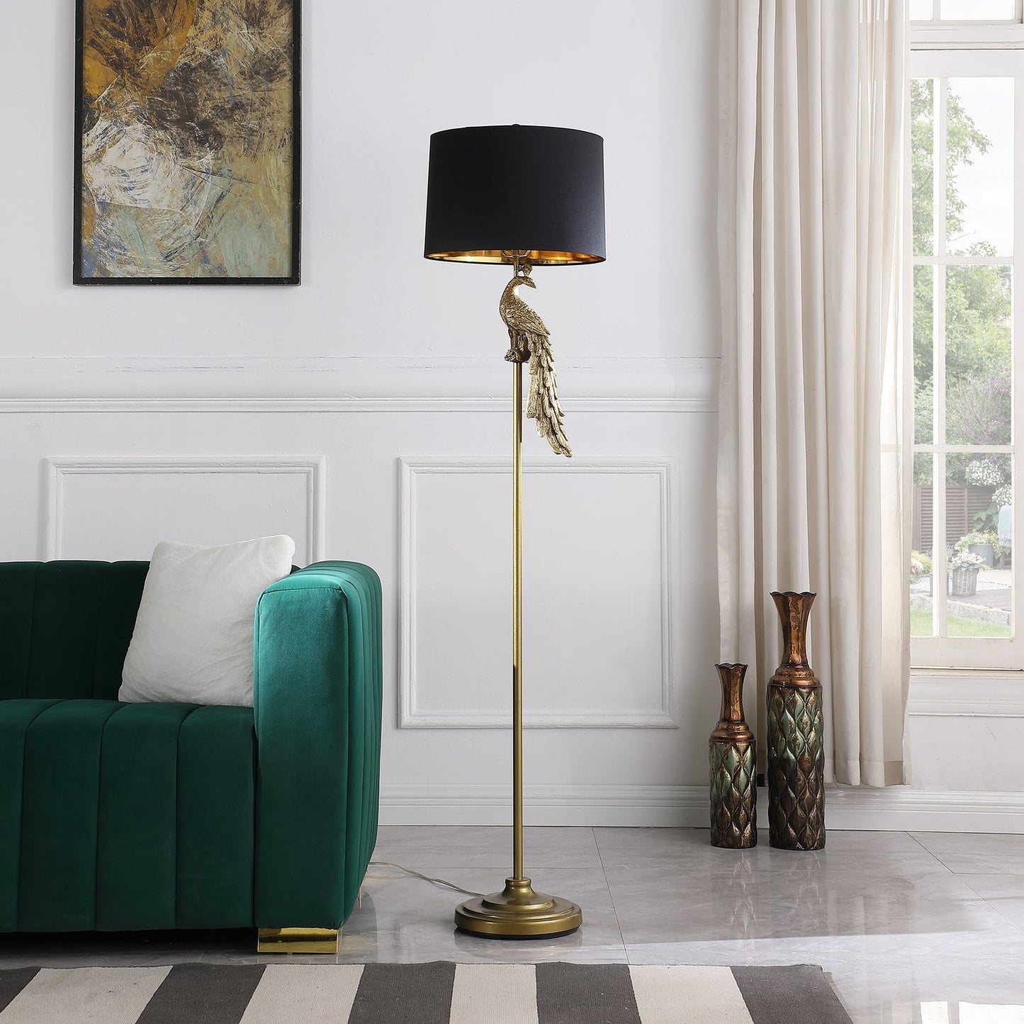 64.5' In Modern Elegance Golden Peacock On A Pedestal Polyresin Floor Lamp