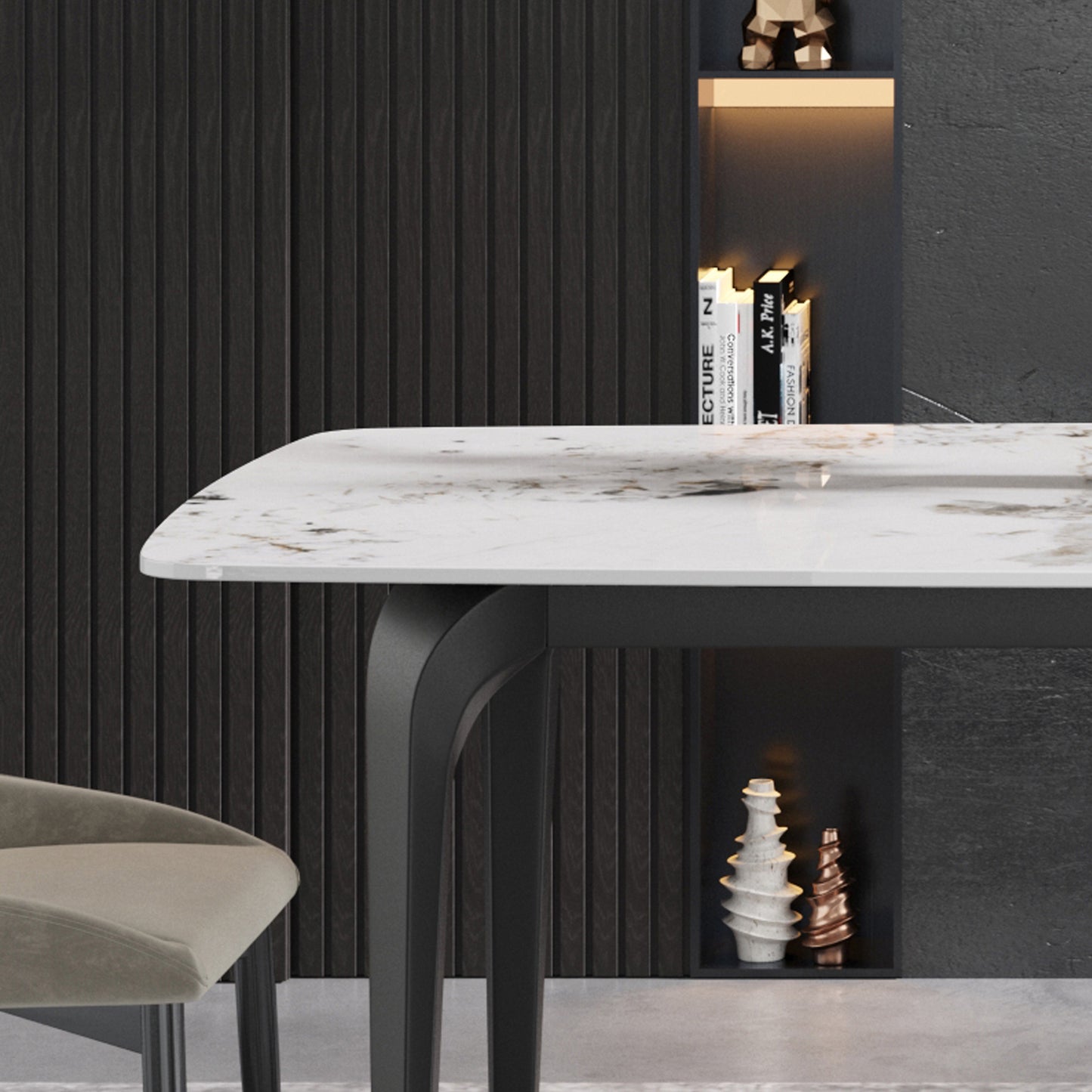 Misty 70.87"Modern Pandora White Sintered Stone Dining Table with Black Legs