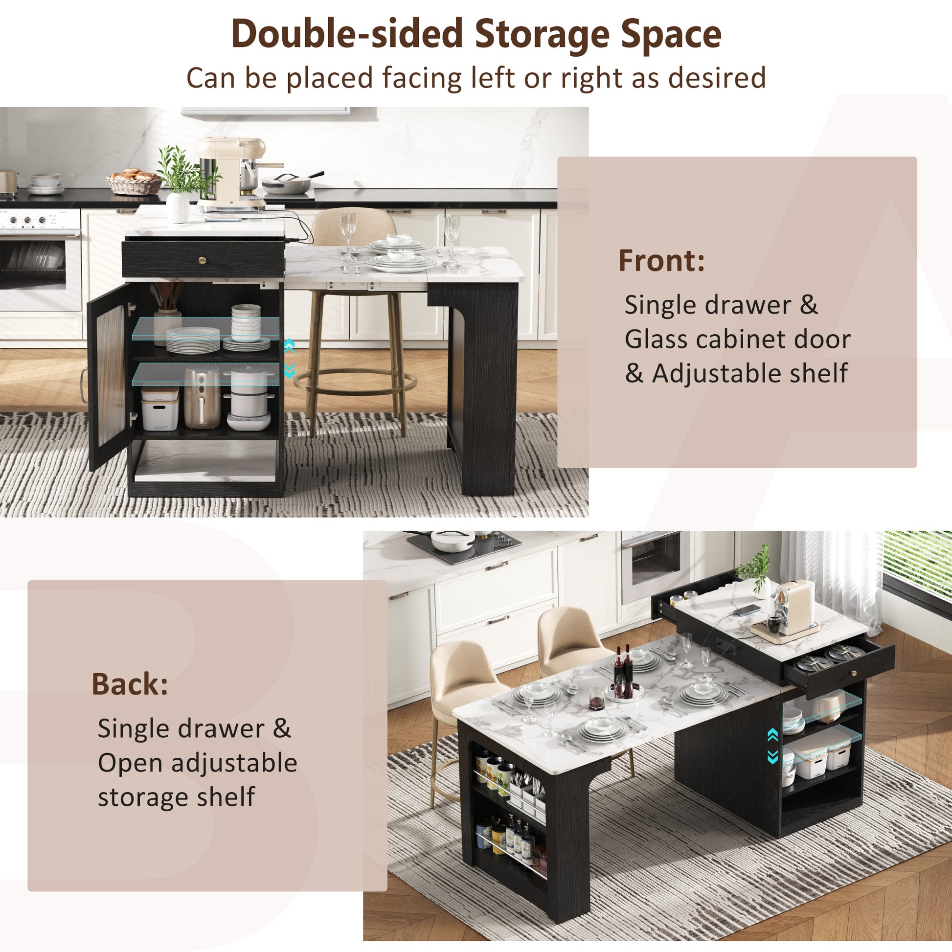 K&k 59.5' Kitchen Island with Extendable Dining Table - Black - detail view 6