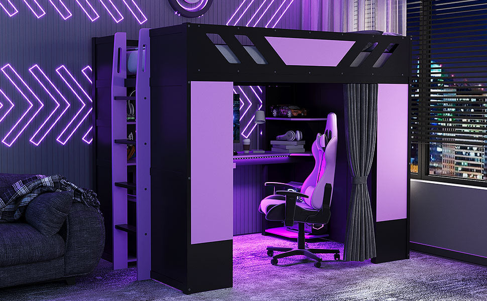 Full Size Wood Loft Bed with - Purple+black - detail view 3