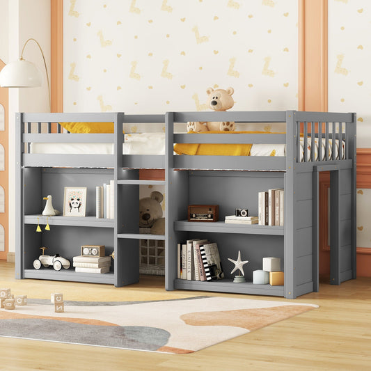 Delaney Twin Size Low Loft Bed With Two-Tier Shelves And LED Light, Gray