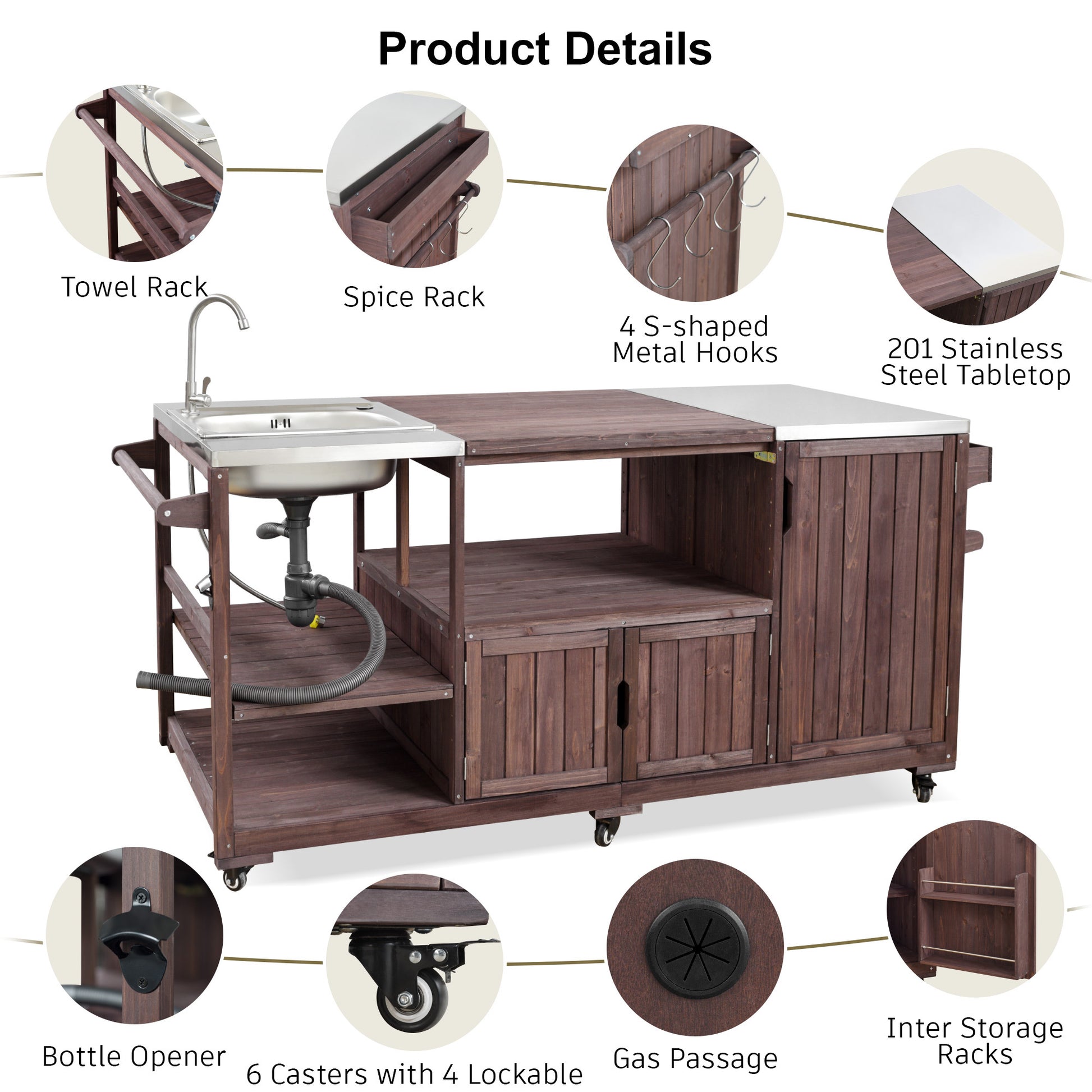 K&k 75.4' Outdoor Kitchen Island with Sink - Brown - detail view 8