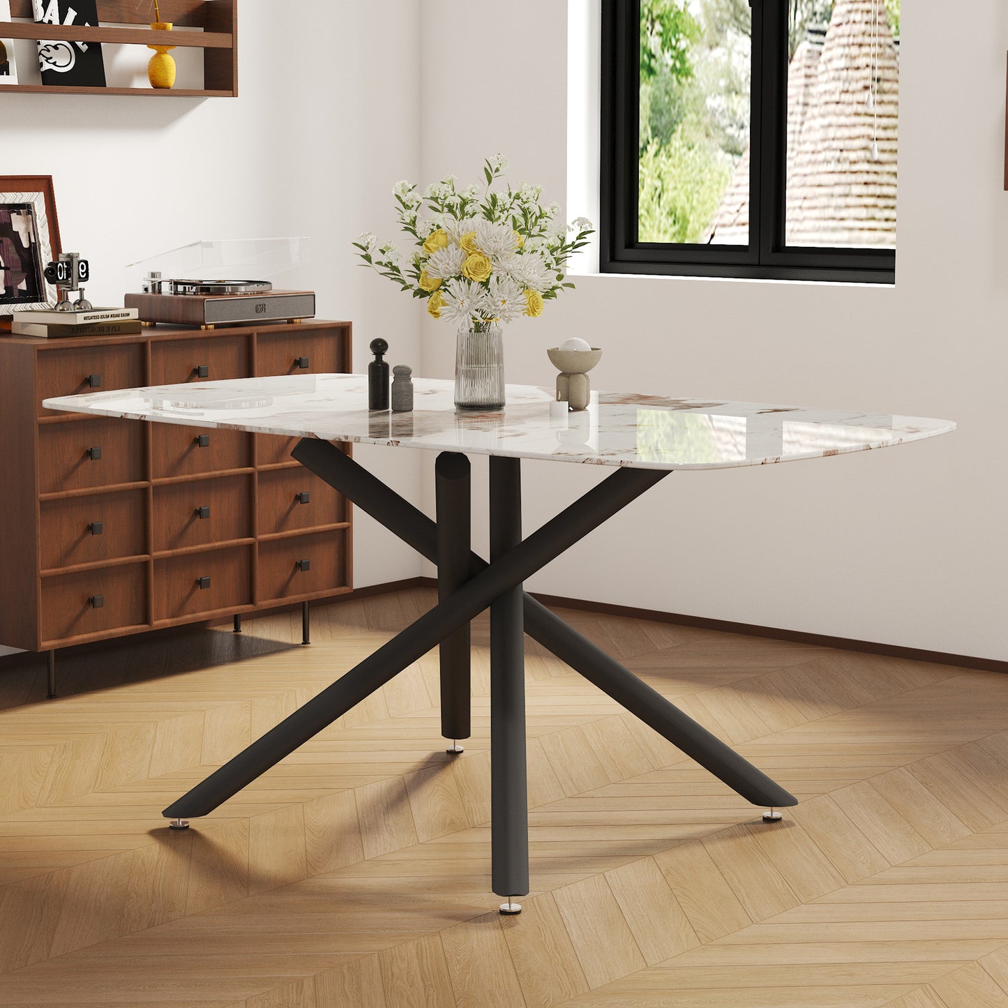 63" Luxurious White Marble-Patterned Tempered Glass Dining Table.single Fork Black Metal Table Legs.tempered Glass Table Top - detail view 3
